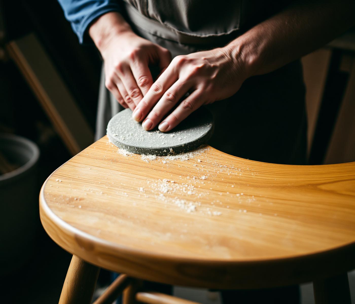 A craftsperson sanding a curved seat in the workshop
