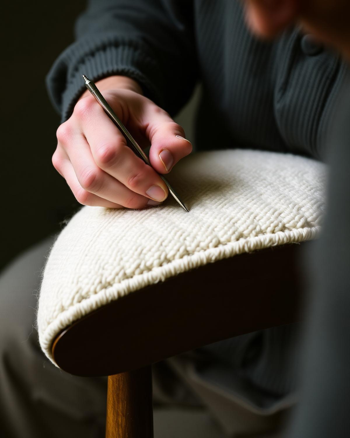 Hand-stitching wool upholstery onto a seat