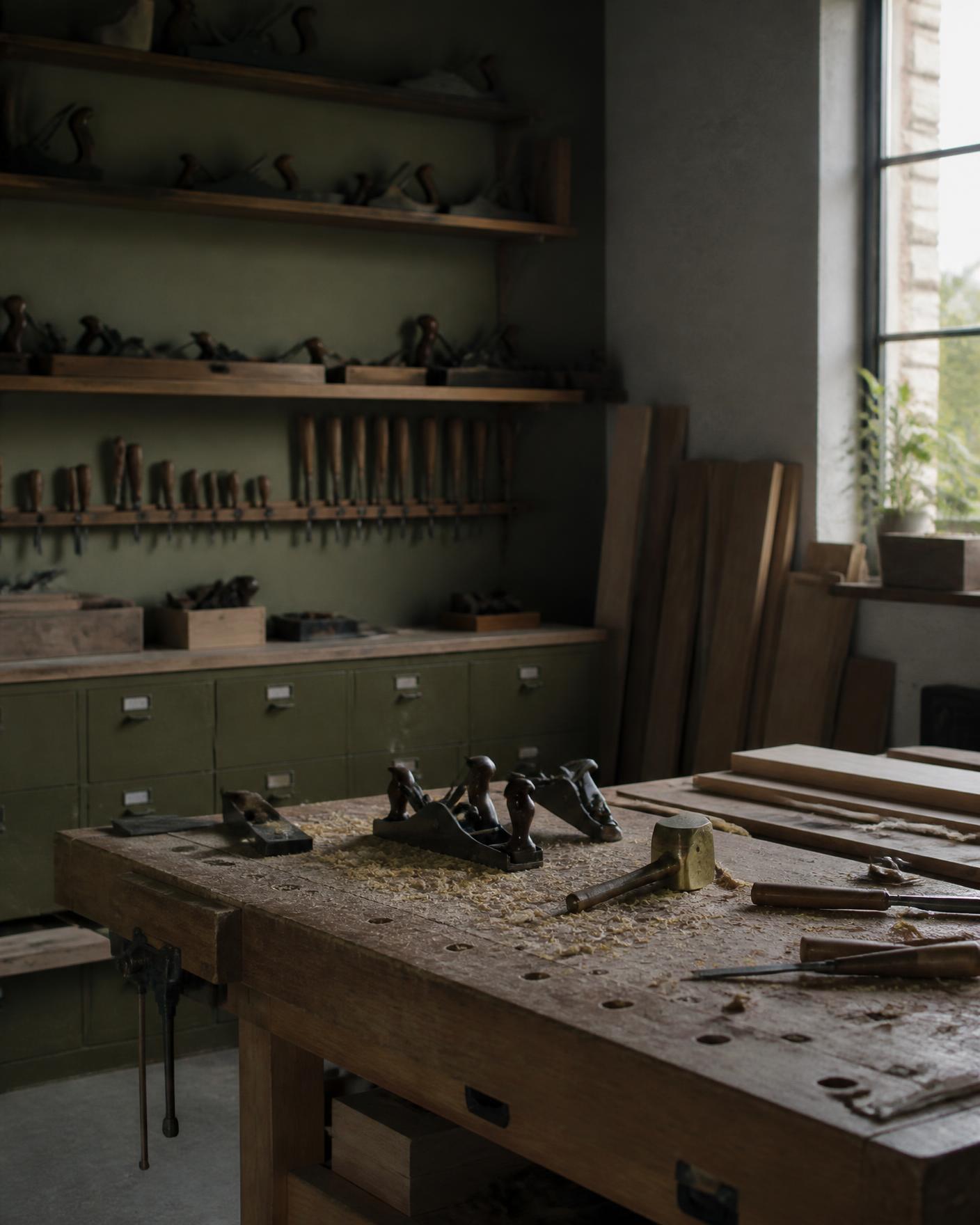Hand tools and oak boards in the FORMA workshop